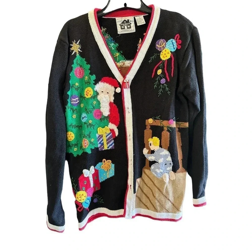 VTG 90s Storybook Knits Women's Black Christmas‎ Santa Cardigan Sweater Size S
